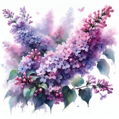 Wall Mural - Purple Lilac Flower Botanical Watercolor Painting Illustration. lilac flowers on an isolated white background, watercolor illustration, botanical painting, hand drawing