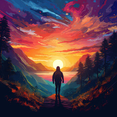 Wall Mural - Silhouette of a person hiking against a colorful sky