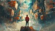 Man Observing City in the Sky Cubo-Futuristic 3D Rendering, To convey a sense of surrealism and futuristic urban landscape in a dynamic and