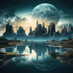 Poster - Surreal moonlit landscape with floating islands.