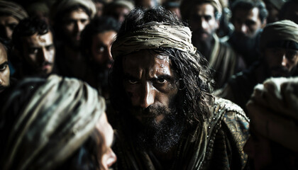 Wall Mural - Recreation of a startled apostle Saint Peter surrounded by the crowd, the denial	