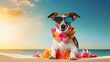Beachbound Jack Russell surfer dog stylish in sunglasses and floral lei with ample space for messaging
