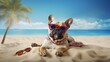 Beach day French bulldog tranquil seaside scene portrait with room for your message