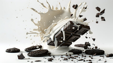 Poster - milk cream splashing on a thin piece of square chocoalte, with pieces of dark cookies, solid white background