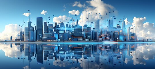 Wall Mural - Panoramic 3d illustration of futuristic smart city skyline with eco friendly skyscrapers and towers