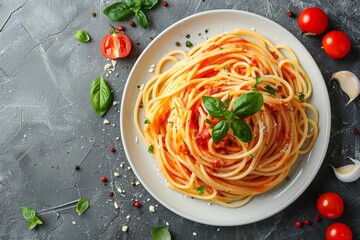 Wall Mural - Top view of Spaghetti Bolognese in a white plate on black slate background with copy space. Italian pasta with minced beef sauce, tomatoes, parmesan cheese and fresh basil. Classic Italian cuisine.