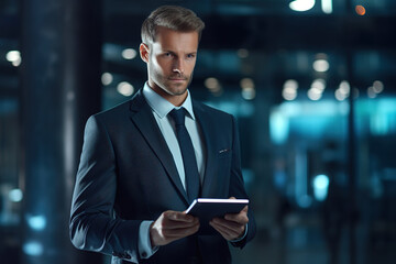 Handsome businessman in a formal business suit, looking asid, holding a tablet, standing in modern office space.