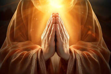 Praying hands with faith in religion and belief in God on dark background. Power of hope or love and devotion. Namaste or Namaskar hands gesture. Prayer position.