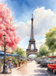 Spring in paris, watercolor eiffel tower and street