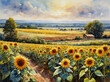 Watercolor sunset over sunflower fields