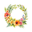 Watercolor floral wreath with mixed flowers