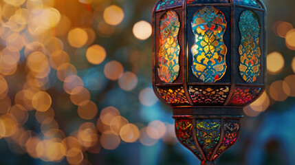 Wall Mural - A close-up shot of a traditional Islamic lantern adorned with vibrant colors and patterns, creating a festive atmosphere for Eid Mubarak celebrations. 8K