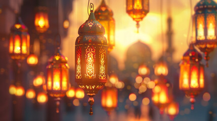 Wall Mural - A dynamic shot showcasing a group of Islamic lanterns suspended in mid-air, creating a mesmerizing visual for Eid Mubarak greeting cards. 8K