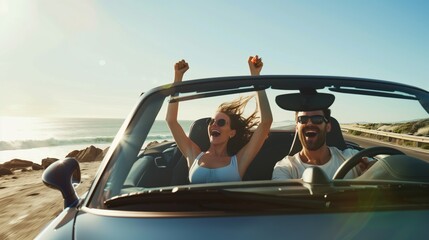 Romantic trip. A young couple enjoys a ride in a classic vintage sports car. Concept of travel, modern cars and romantic vacation.