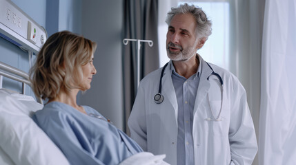 Male doctor informs female patient of illness in hospital A doctor who is committed and dedicated to treatment.