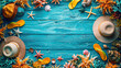 Blue summer background with shells, starfish, sandals and straw hats. Summer concept