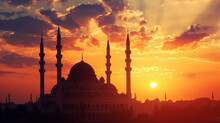 A Serene Mosque Silhouette Against A Golden Sunset Sky, Perfect For Eid Mubarak Celebration. 8K.