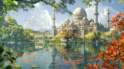 Wall Mural - A serene riverside setting with a grand mosque reflecting in the calm waters, surrounded by vibrant foliage, creating a picturesque scene for Ramadan greetings. 8K.