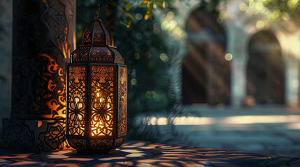 Wall Mural - A striking image capturing the play of light and shadow on an ornate Islamic lantern, evoking a sense of tranquility for Eid Mubarak greeting banners. 8K