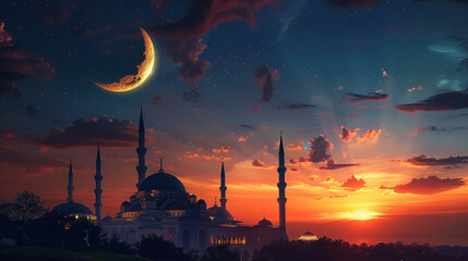 Wall Mural - A stunning view of a crescent moon rising above a majestic mosque, with intricate Islamic patterns adorning the background, perfect for a Ramadan greeting card. 8K.