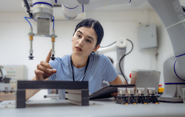 Wall Mural - robotic development engineer working robot arm connection and control at electronic futuristic scien