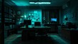 A private detective's office is cast in a moody blue light, creating a mysterious atmosphere with shadows that hint at secrets untold and cases unsolved.