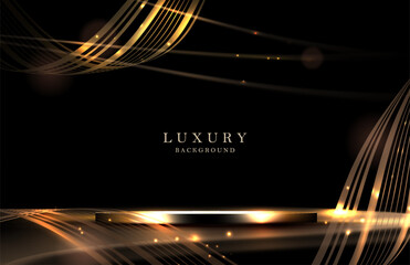 Wall Mural - Dark illustration with podium, shiny tinsel and golden wave.