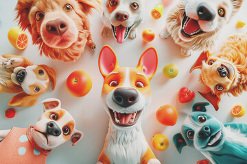 banner( card  group of funny dogs in crazy faces looking at camera.white background