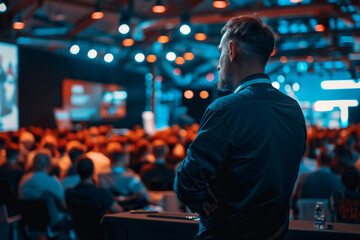 Businessman Observing Conference Attendees from Behind