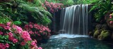 A powerful waterfall cascades down surrounded by vibrant green plants and colorful flowers in a lush tropical setting.