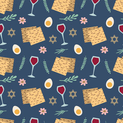 Wall Mural - Passover seamless pattern with matzo, egg, glass, wine. Vector. For packaging, wrapping paper, background, cards, textiles.
