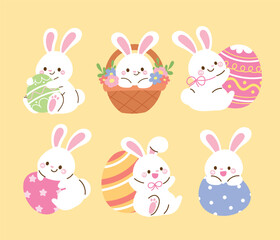 Wall Mural - Set of cute easter rabbit vector. Happy Easter animal element with white rabbits in different pose, flower, eggs, basket. Bunny character illustration design for clipart, sticker, decor, card.	