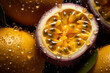 Close-up of a juicy passion fruit halved, revealing the seeds, surrounded by fresh whole fruits with water droplets