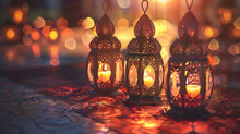 Delicate Islamic Lanterns Casting Warm Hues On A Textured Surface, Providing A Serene Backdrop For Eid Mubarak Greeting Cards. 8K