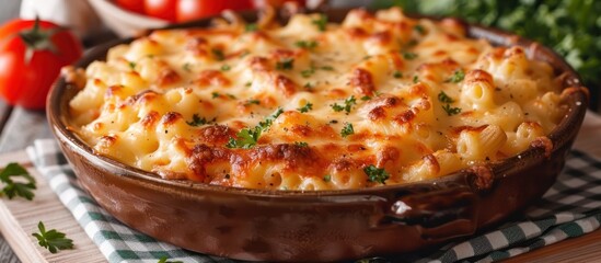 Poster - A detailed view of a tuna casserole dish sitting on a table, showcasing its savory contents and topping.