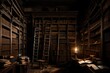 A dimly lit, forgotten library filled with dusty, ancient tomes and cobweb-covered shelves, with a ladder and a ghostly figure browsing the books.