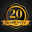 20 year warranty logo with golden shield and golden ribbon.Vector illustration.