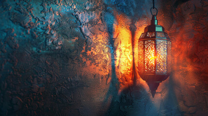 Wall Mural - Glowing Islamic lantern casting intricate shadows against a textured background, perfect for Eid Mubarak greeting banners. 8K