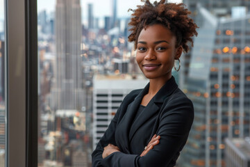 Afro businesswoman wearing black suit standing in modern office