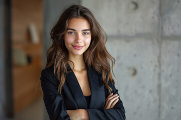 Brunette businesswoman wearing black suit standing in modern office