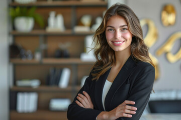 Brunette businesswoman wearing black suit standing in modern office