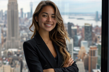 Hispanic businesswoman wearing black suit standing in modern office