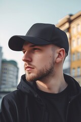 Wall Mural - portrait of caucasian man wearing plain cap hat, mockup