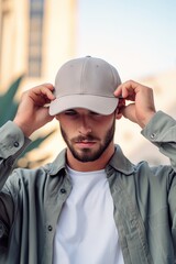 Wall Mural - portrait of caucasian man wearing plain cap hat, mockup