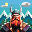 Stern viking 3d polygonal illustration, scandinavian warrior, cartoon character. Man barbarian soldier with red beard wearing horned helmet stand on northern forest and rocky landscape