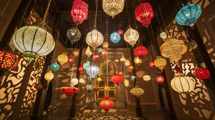 Wall Mural - Ornate lanterns suspended amidst intricate arabesque designs, evoking the spirit of celebration for Eid.