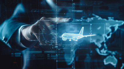 Businessman navigating transparent futuristic interface with airplane using fingertip.