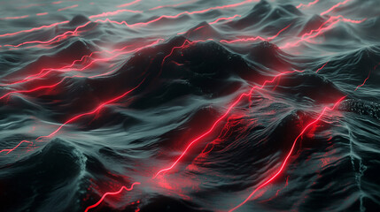 Wall Mural - abstraction of waves with laser red lines passing from above a dark background