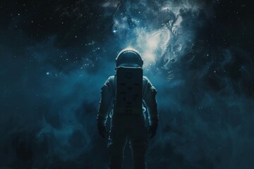 Wall Mural - a man in a spacesuit stands in front of a blue sky with stars