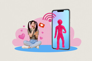 Poster - Creative abstract collage of surprised girl receive likes blogger subscriber plasticine figure iphone screen isolated on painted background